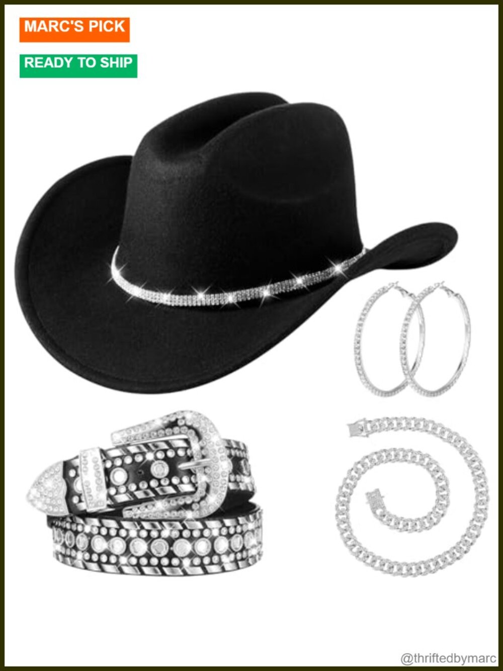 Rhinestone Cowboy Hat PU Leather Belt Necklace Earrings Western Set